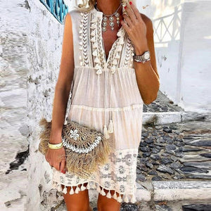 Cute Sleeveless Tassel Vacation Mini Dress