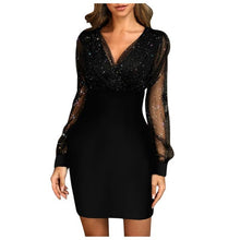 Load image into Gallery viewer, Mesh V-Neck Sequined Slim Bodycon Dress
