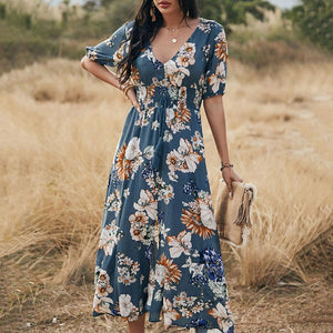 Elegant V-Neck Floarl Printed Short Sleeve Maxi Dress