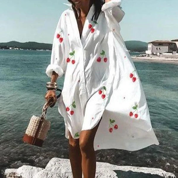 Casual Cherry Printed Shirt Dress