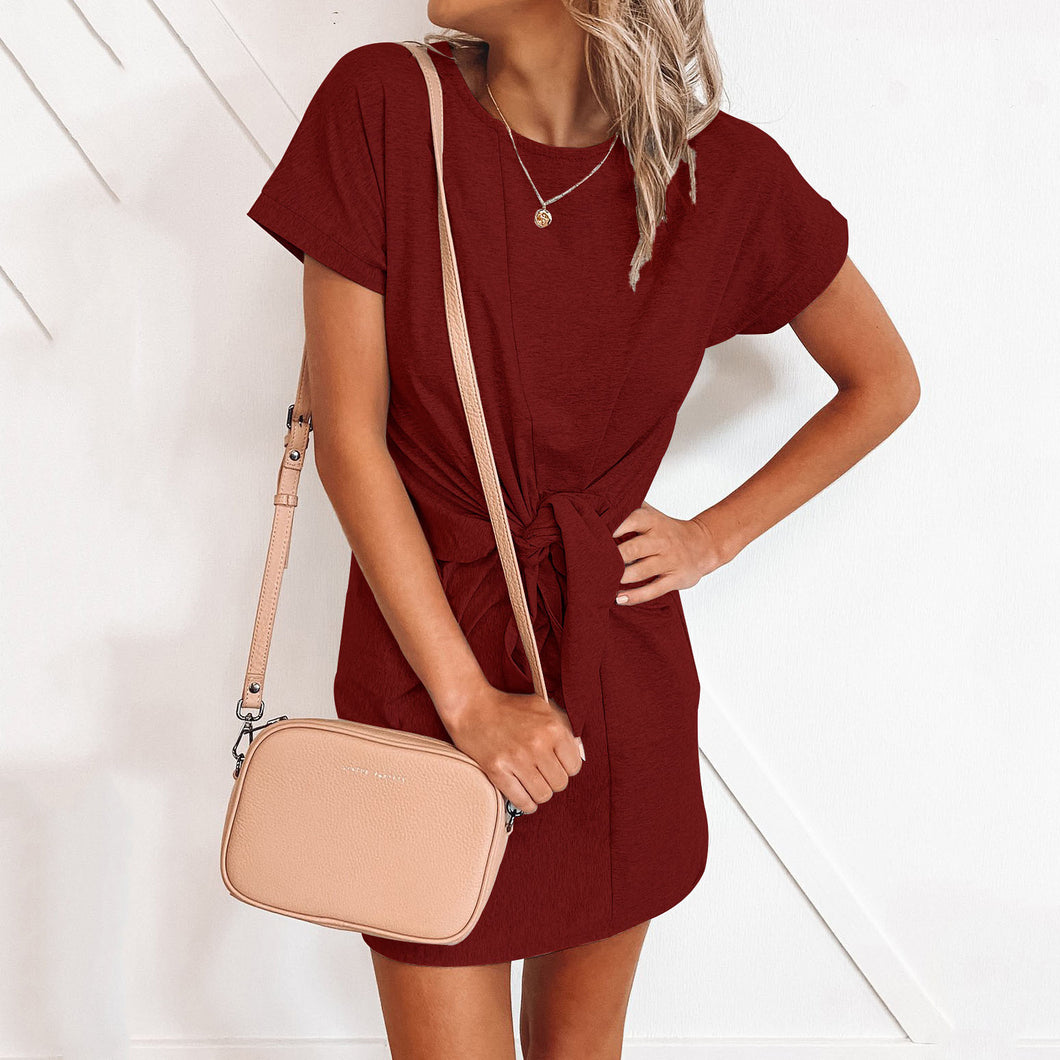 Solid Color Tie Short Sleeve Dress