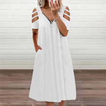 Load image into Gallery viewer, Solid Color V-neck Zip Short Sleeve Dress

