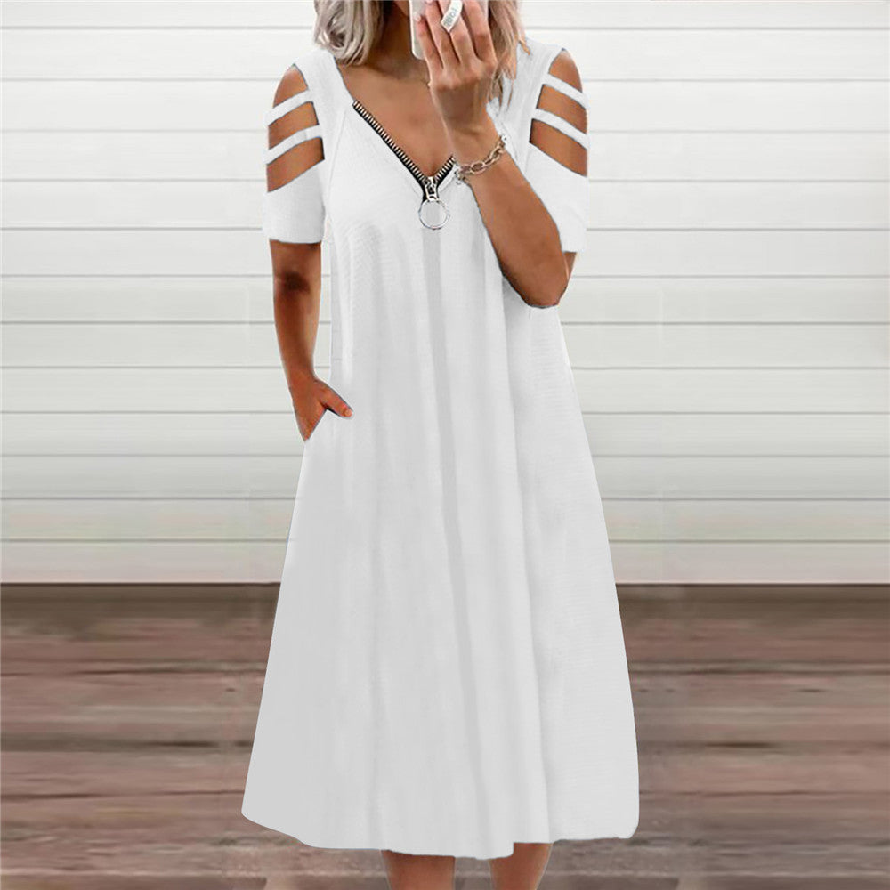 Solid Color V-neck Zip Short Sleeve Dress