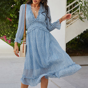 V-Neck Simple Print Maxi Dress