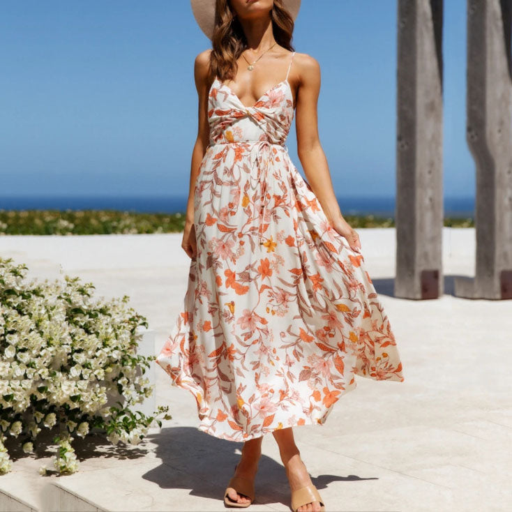 V-Neck Floarl Printed Vacation Maxi Dress