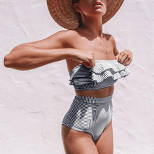 Load image into Gallery viewer, Stripe Printed Ruffle High Waist Bikini Swimwear
