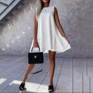 Solid Color Round Neck A-line Mini Dress