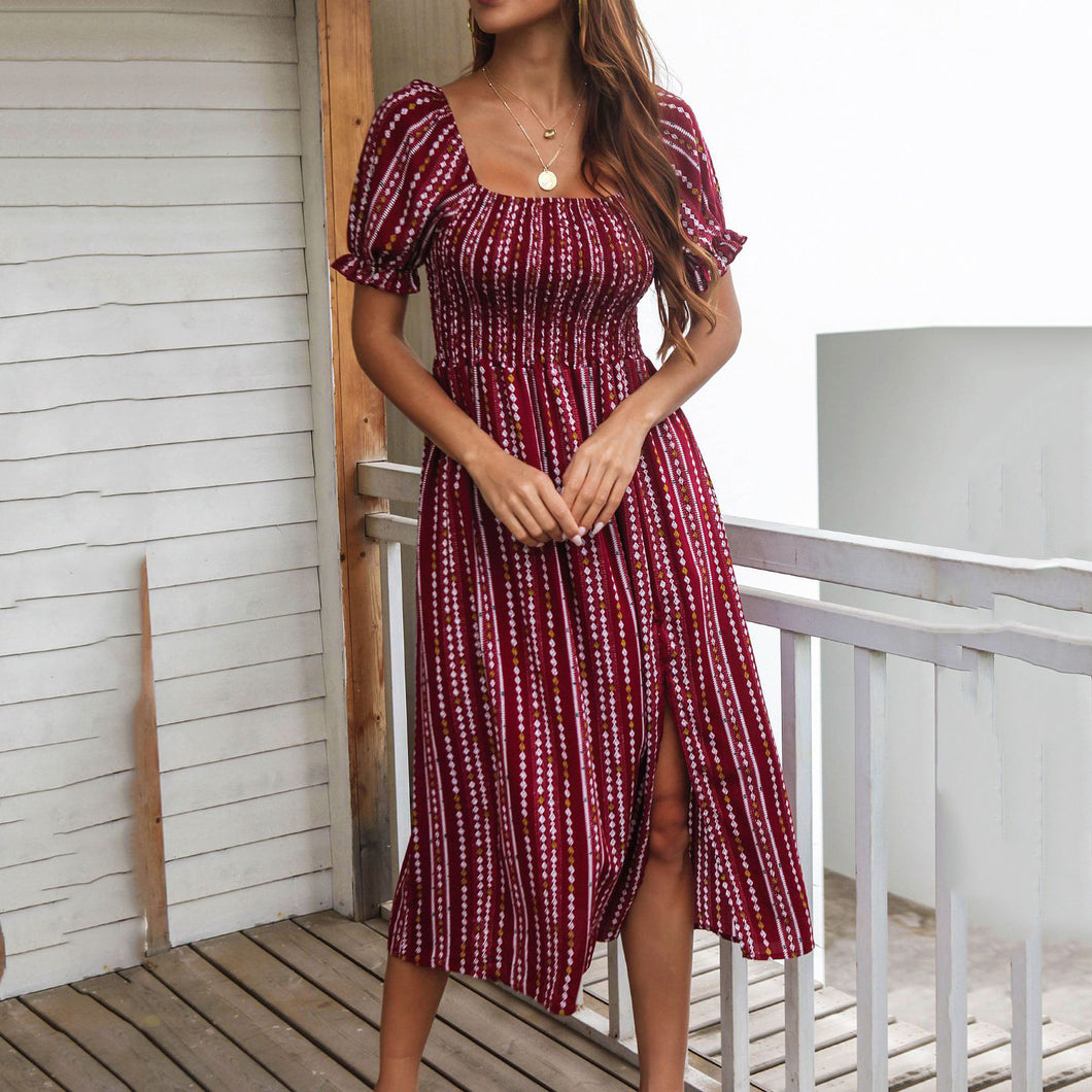 Square Neck Printed Puff Sleeve Maxi Dress