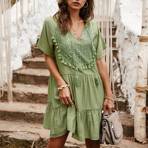 Lace Stitching Solid Color V-Neck Dress