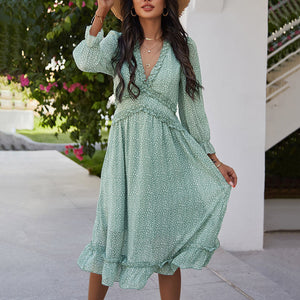 V-Neck Simple Print Maxi Dress