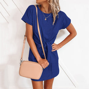 Solid Color Tie Short Sleeve Dress