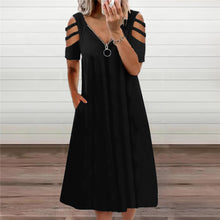 Load image into Gallery viewer, Solid Color V-neck Zip Short Sleeve Dress
