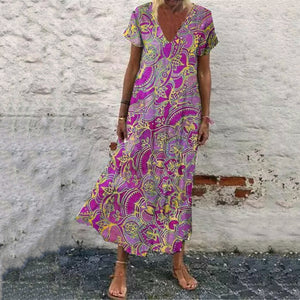 Boho V-Neck Printed Casual Maxi Dress