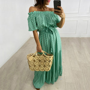 Off Shoulder Polk Dot Printed Maxi Dress