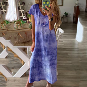 V-Neck Loose Slit Print Dress