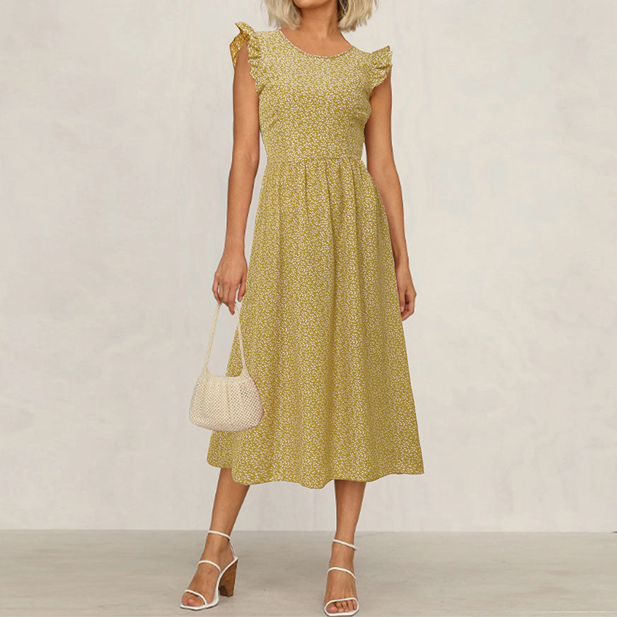 Round Neck Floral Flying Sleeve Dress