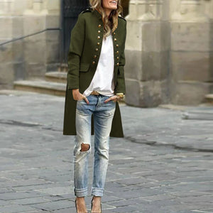 Elegant Solid Color Round Neck Long Sleeve Button Coat