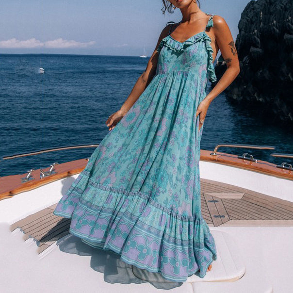 Fashion Printed Suspender Maxi Dress