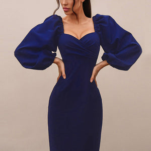 Mid-Length V-Neck Puff Sleeve Bodycon Dress