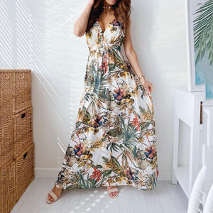 V-Neck Floarl Print Vacation Maxi Dress
