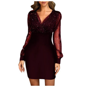 Mesh V-Neck Sequined Slim Bodycon Dress