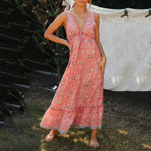 Sexy V-Neck Floarl Printed Boho Style Maxi Dress