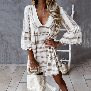 V-Neck Lace Stitching Mini Dress