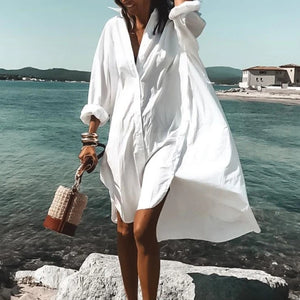 Elegant White Lapel Shirt Dress