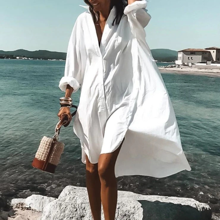 Elegant White Lapel Shirt Dress