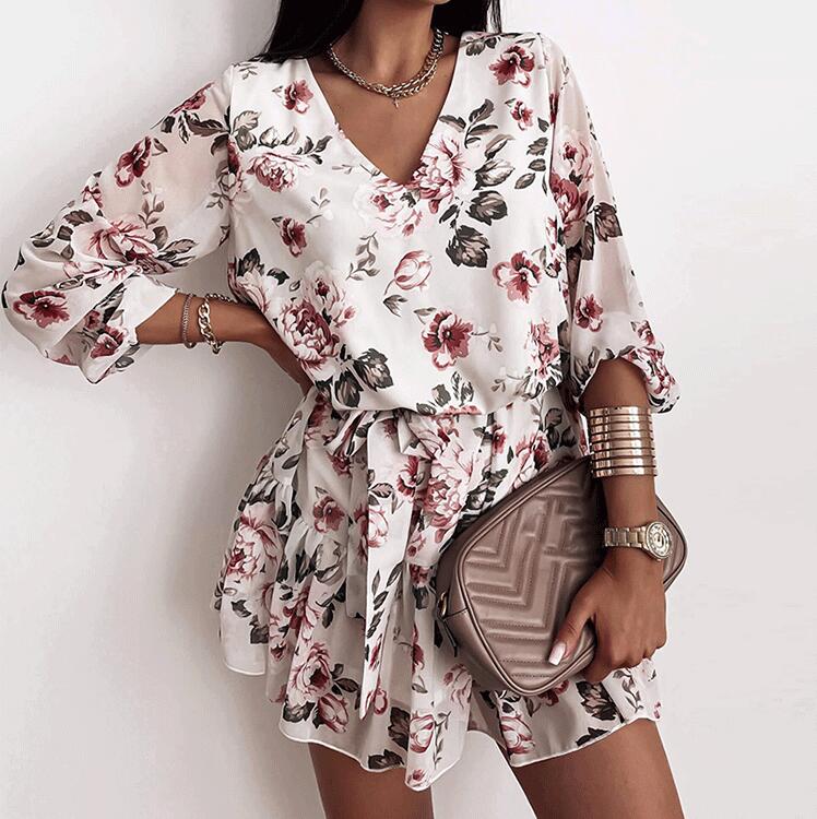 Elegant V-Neck Floral Printed Mini Dress