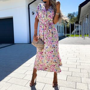 Floral Print V-Neck Lace Up Maxi Dress