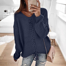Load image into Gallery viewer, Lace Up V-Neck Loose Sweater
