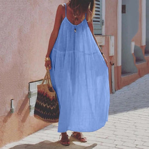 Solid Color Stitching Cotton And Linen Suspender Maxi Dress
