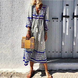 Boho Style V-Neck Printed Maxi Casual Dress