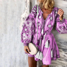 Load image into Gallery viewer, Bohemian V-Neck Long-Sleeved Lace-Up Fringed MIni Dress
