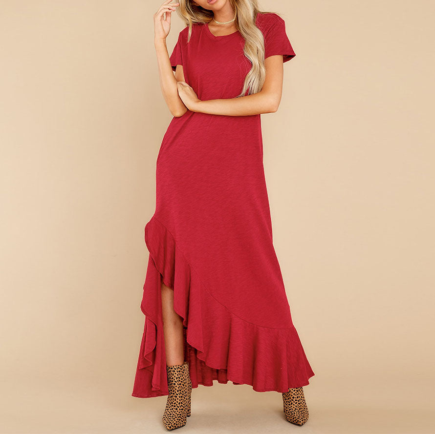 Round Neck Ruffled Slit Dress