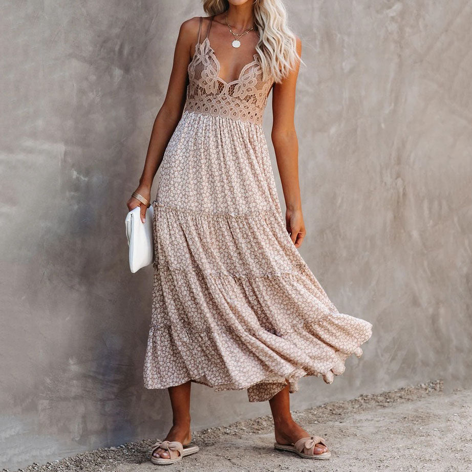 Lace Sling Small Floral Maxi Dress