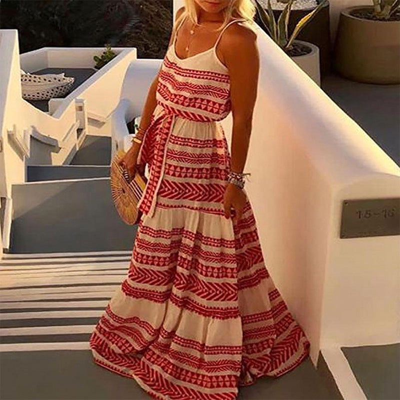 Bohemian Style V-Neck Print Suspender Dress