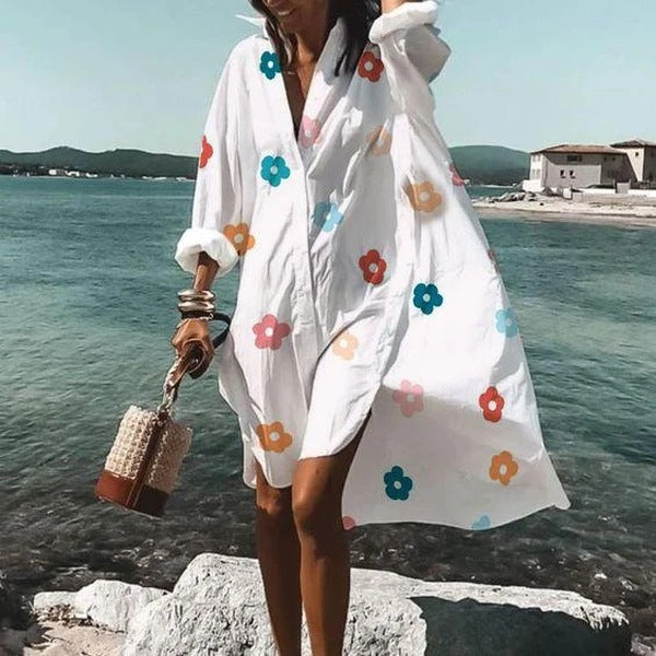Fashion Floarl Printed Lapel Shirt Dress