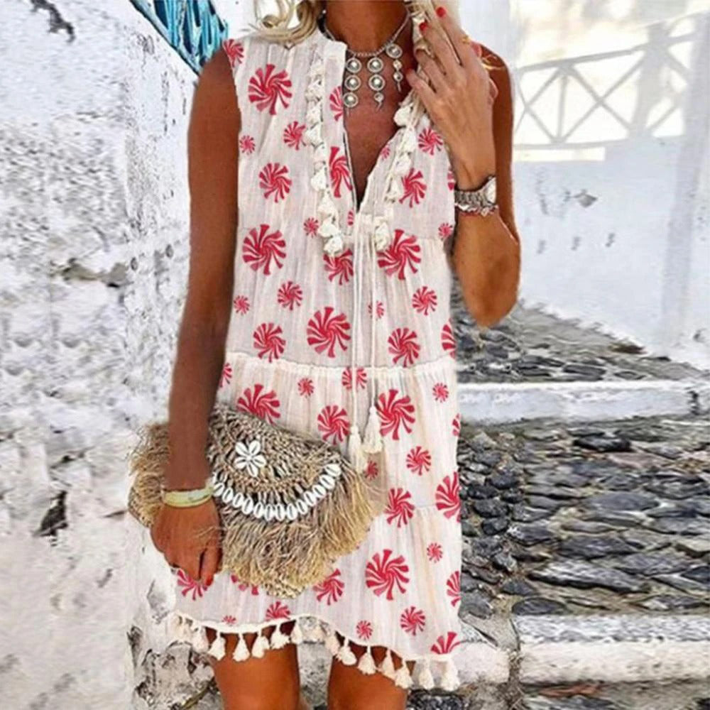 Cute Sleeveless Printed Tassel Vacation Mini Dress