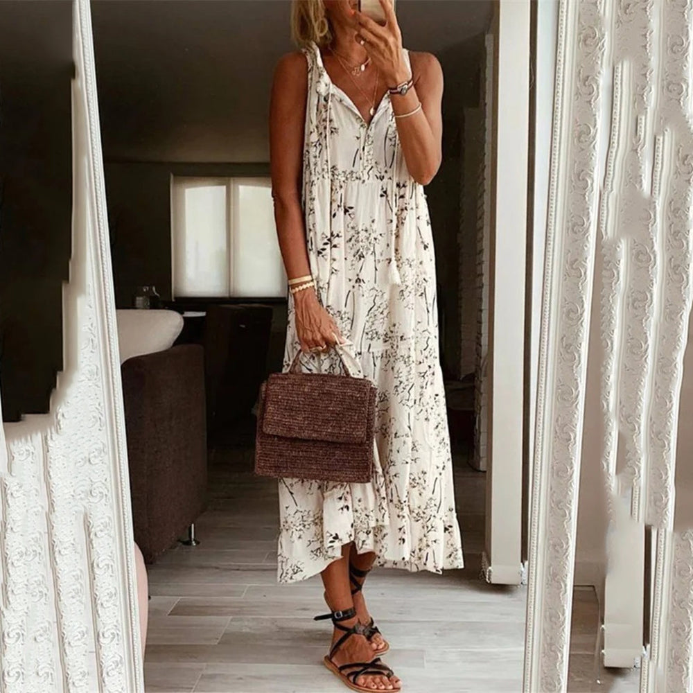 V Neck Lace Sling Loose Maxi Dress