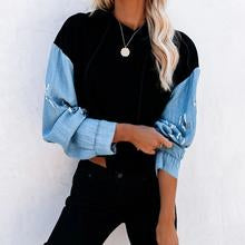 Load image into Gallery viewer, Casual Hooded Long-Sleeved Denim Stitching Sweatshirt
