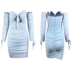 Sexy Wrapped Chest Long Sleeve Tie Pleated Mini Dress