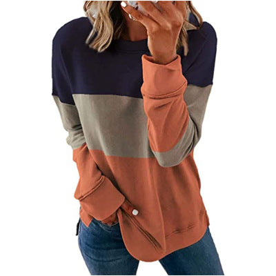 Contrasting Color Round Neck Long-Sleeved Tops