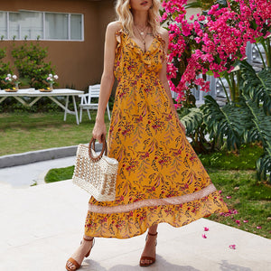Bohemian Style Ruffle V-Neck Floral Printed Maxi Dress