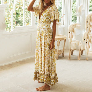 Cute Floral Printed V-Neck Maxi Dress