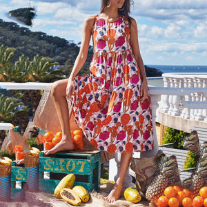 Round Neck Sleeveless Floral Printed Beach Maxi Dress