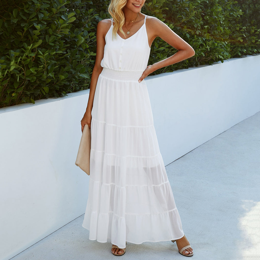 V Neck Solid Color Halter Maxi Dress