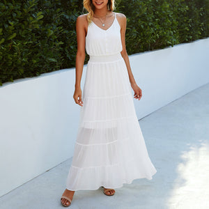 V Neck Solid Color Halter Maxi Dress