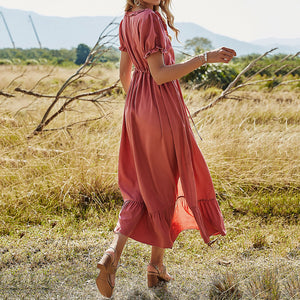 Round Neck Solid Color Single Breasted Maxi Dress